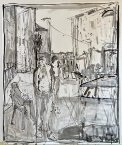 'Figures in landscape' Ink on paper, 6ft H x 5ft W